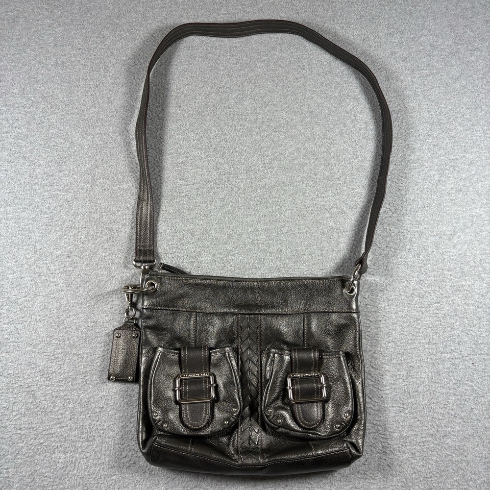 Tignanello Metallic Silver Leather Crossbody Bag Double Buckle Pocket Y2K Purse
